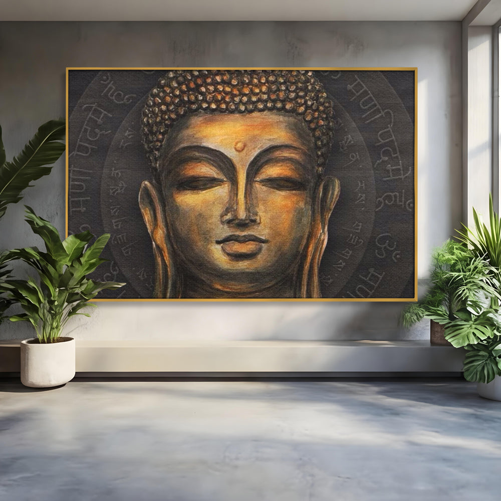 Tablou canvas cu pictura cu chipul lui buddha, in rama de aluminiu auriu